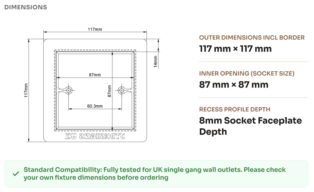 Dimension diagram: 117mm x 117mm outer, 87mm x 87mm inner opening