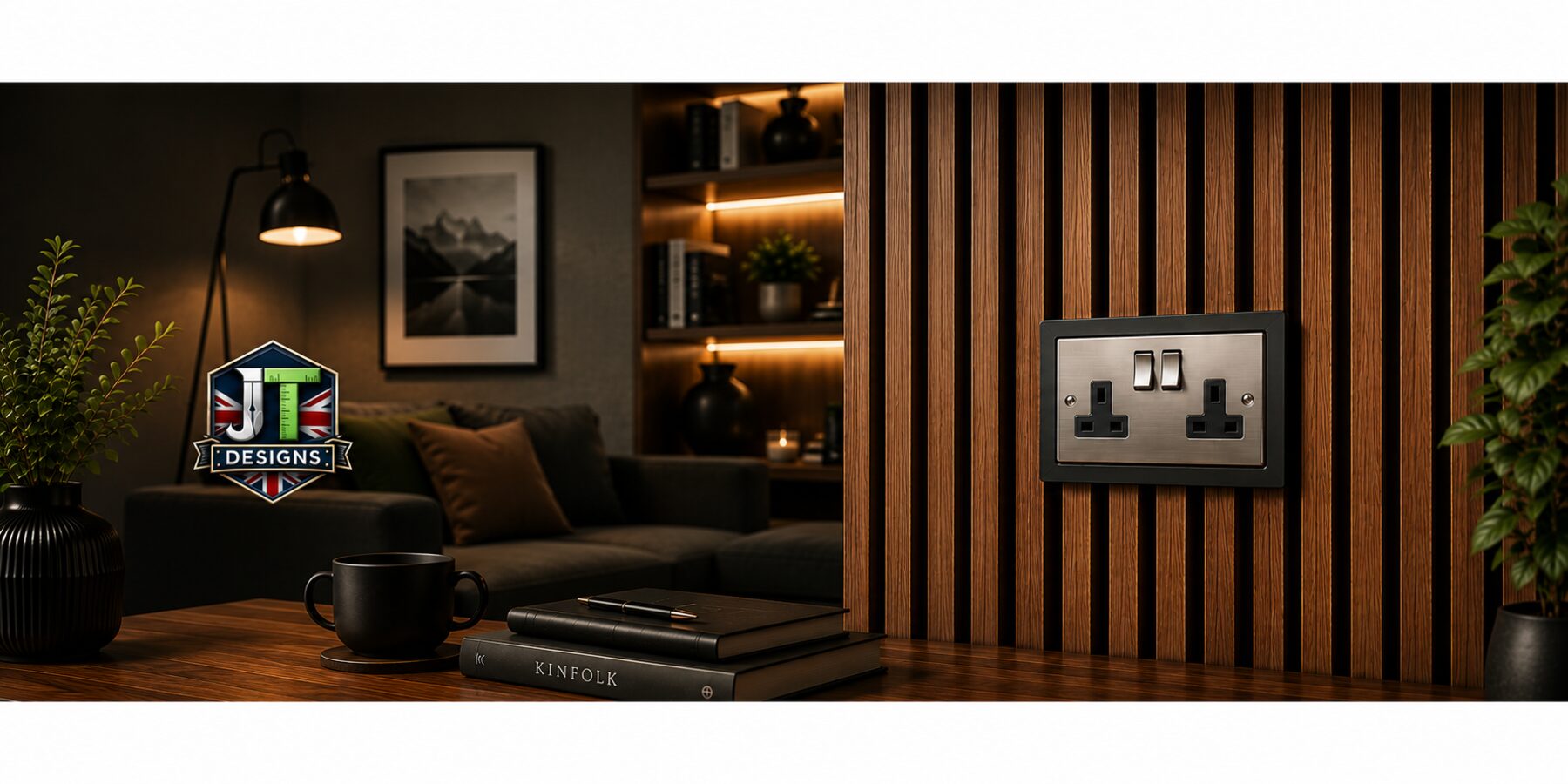 Socket surround installed on acoustic slat wall panel
