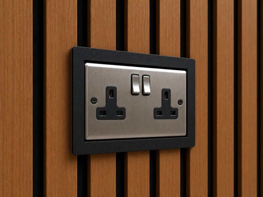Double gang socket surround installed on slat wall